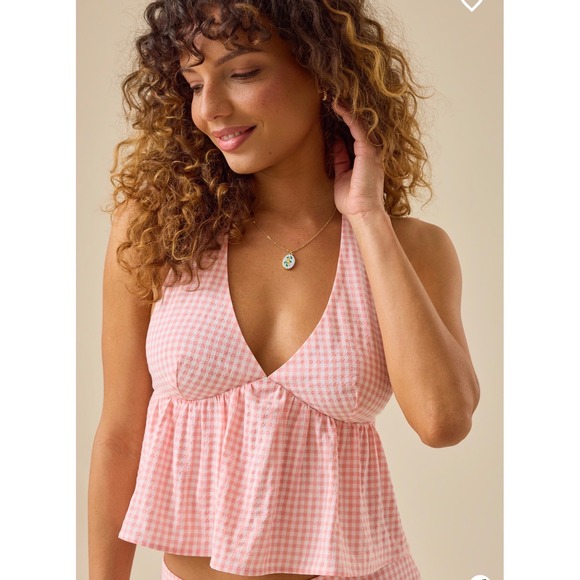 Altar'd State Tops - Altar'd State Cierra Gingham Halter Top – Peach/Ivory – Women's XL – NWT
